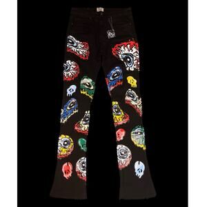 Brand X Eyeballs and Skulls Print Black Denim Fashion Jeans Men's Size 32x36 NWT